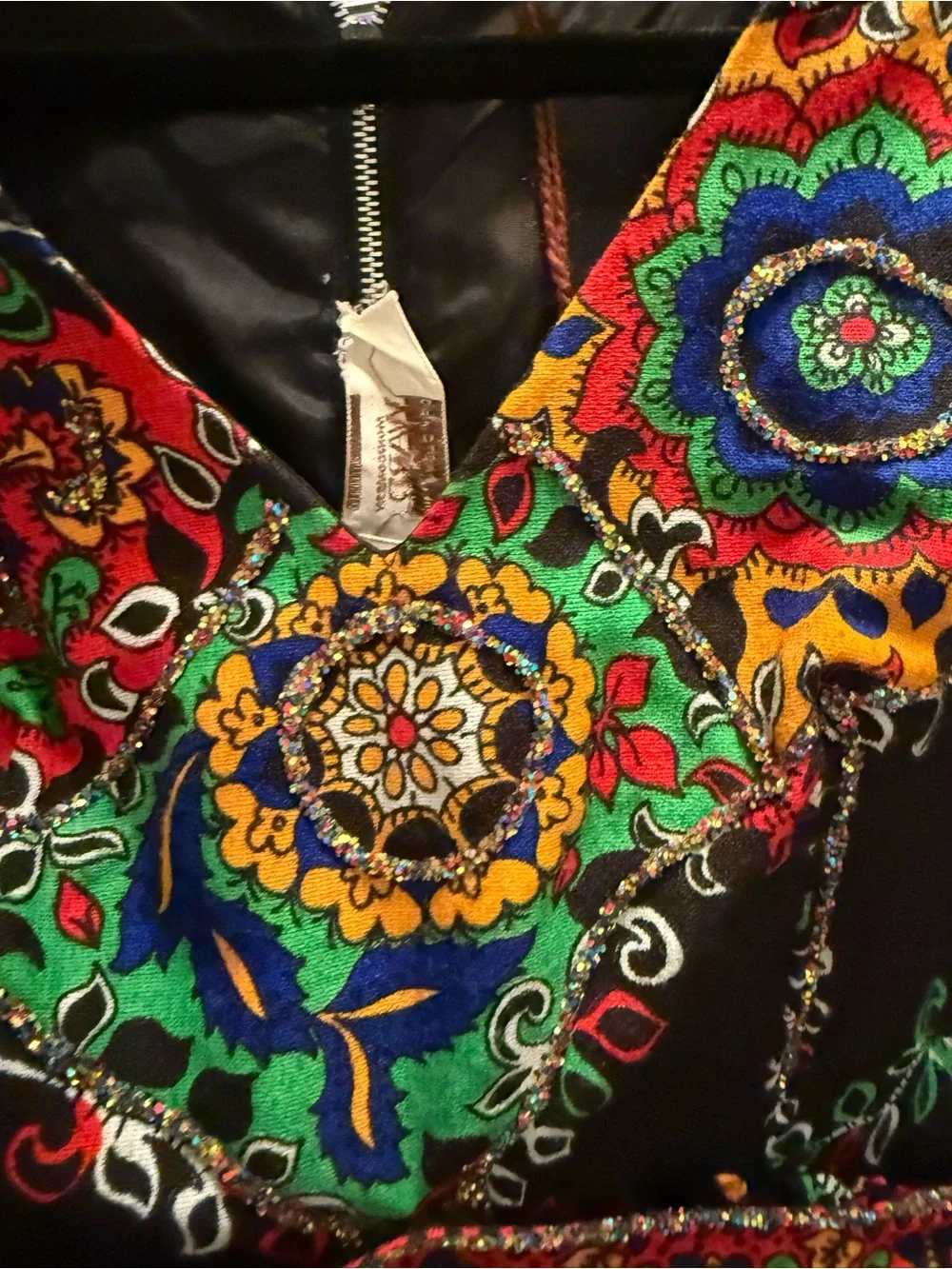 Vintage Seventies Black Maxi Dress with Multicolor Glitter Montgomery Ward - Picture 7 of 9